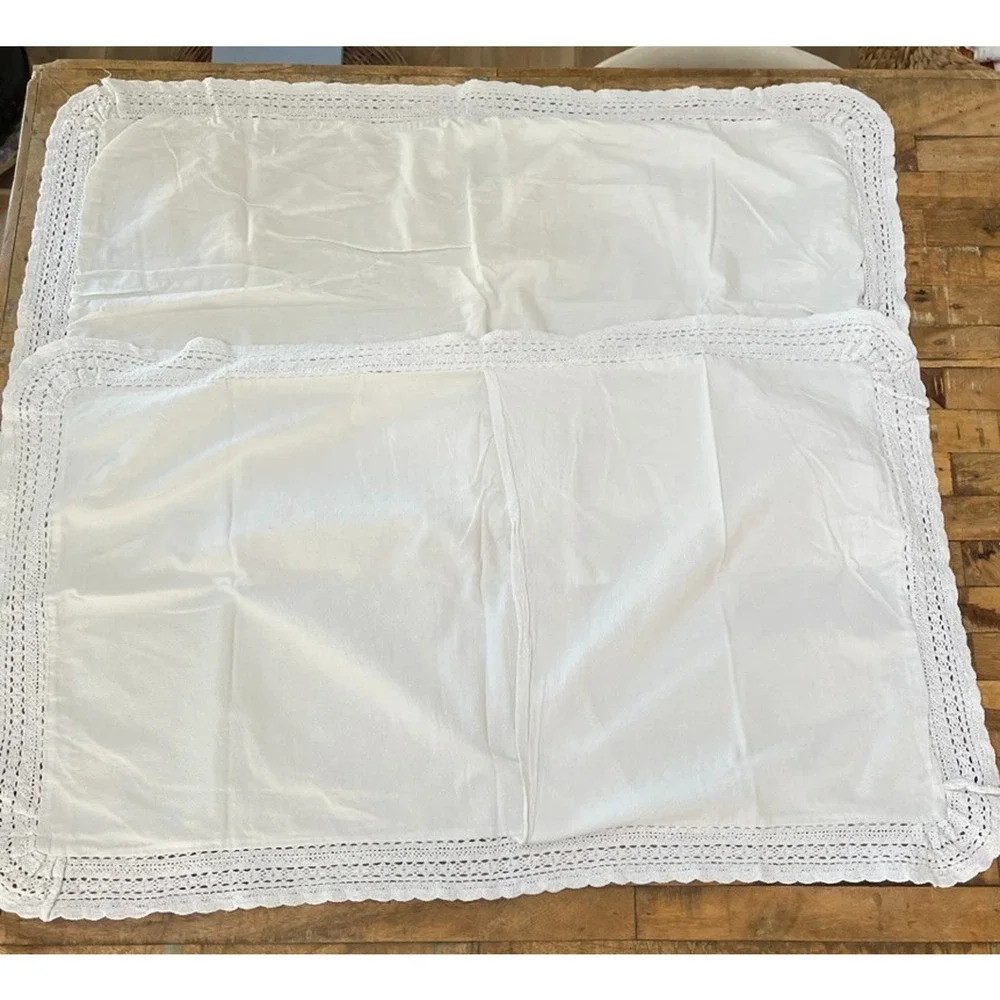 Simply Shabby Chic White King Pillow Shams (2) Linen Blend Lace Crochet Trim